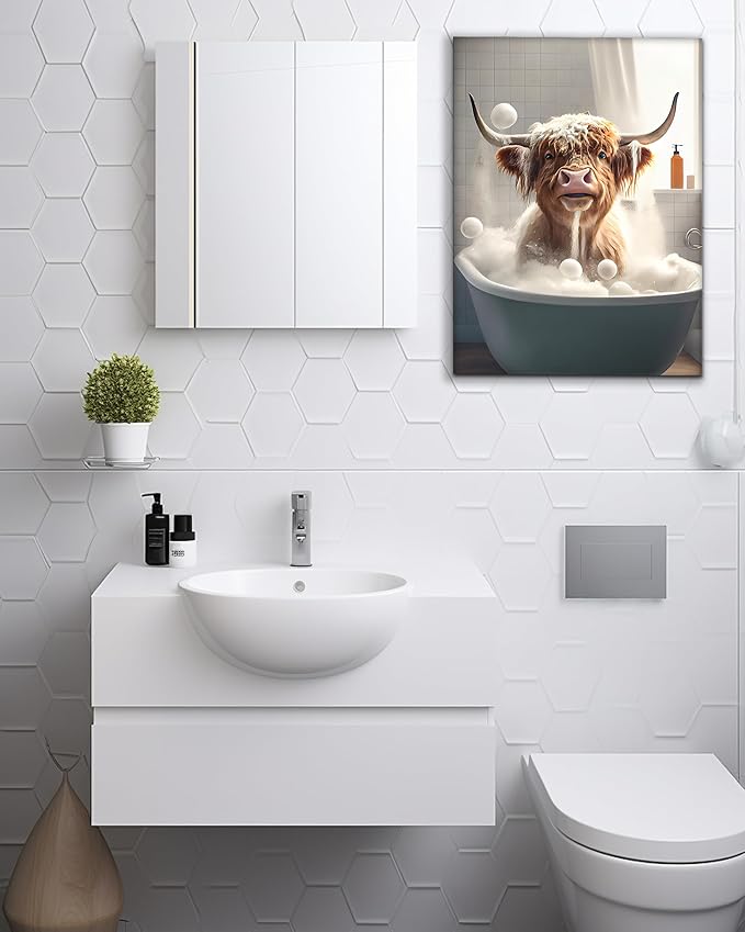 UPWOIGH Bathroom Wall Art, 12x16in Highland Cow Wall Decor,Waterproof Wood Framed Canvas Wall Art, Cute Funny Animal Bathing Abstract Prints,Modern Home Décor for Bedroom Classroom Farmhouse Gift