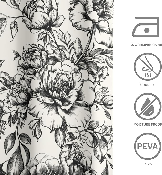 Vintage Floral Shower Curtain Chinoiserie Black White Victorian Style Floral Bathroom Curtain with Hooks Waterproof Fabric Washable Waterproof Curtain for Bathtub Decor 72x72 Inch