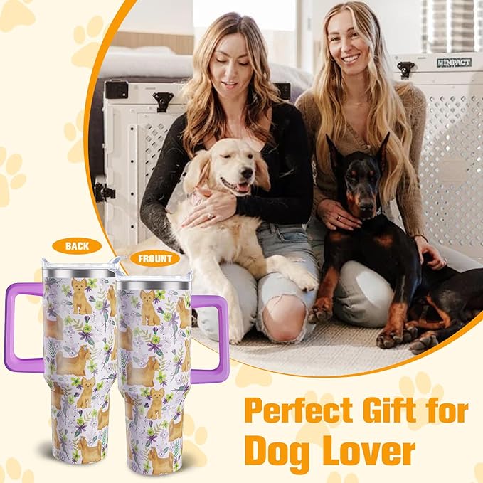 Yorkie Gifts for Women Dog Lovers 40 oz Floral Yorkie Tumblers with Handle and Straw, Stainless Steel Vacuum Insulated Travel Coffee Mug Cup Water Bottle