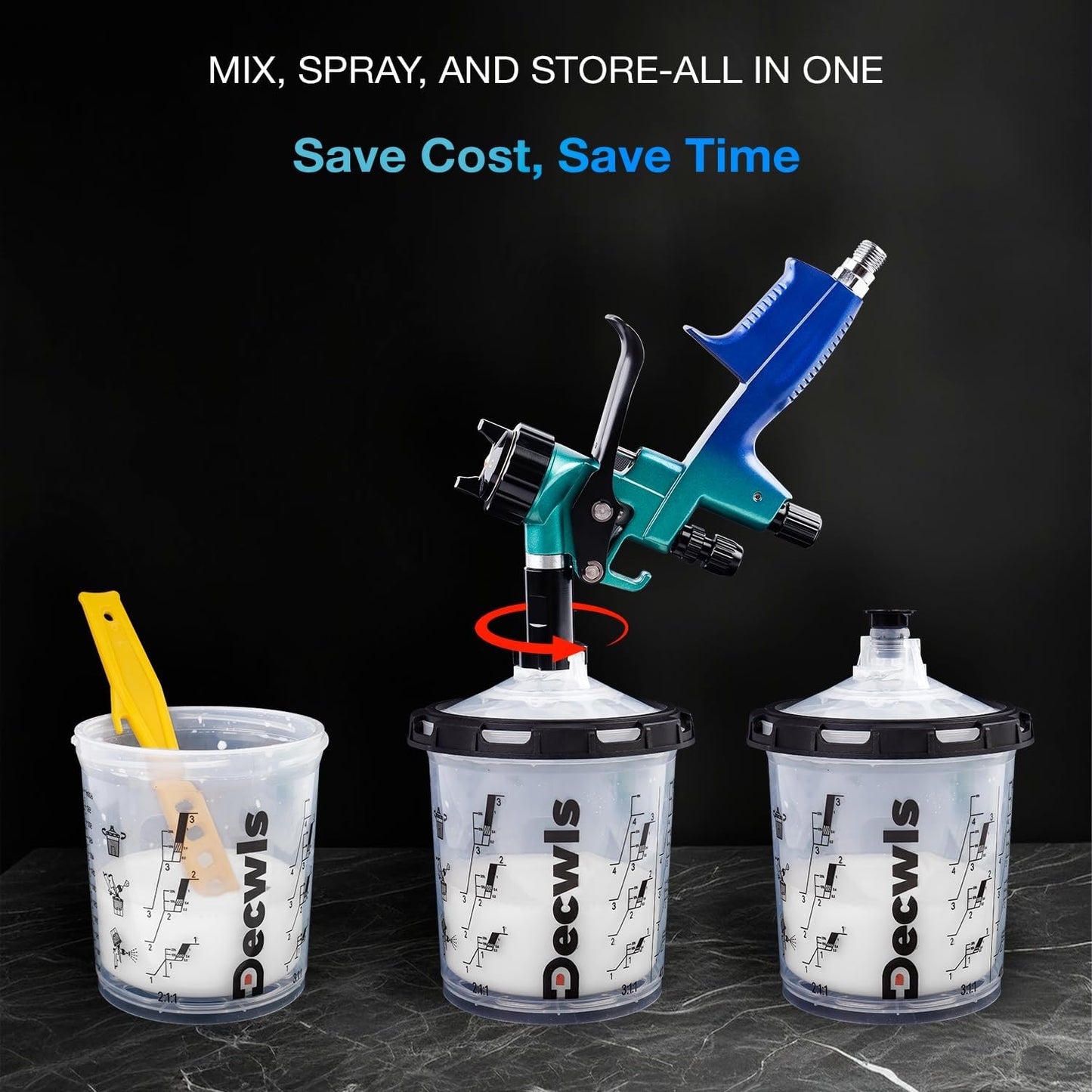 Disposable Paint Cup System 20 Ounce (600ml) Kit - 50 Pack Paint Cups with Lids, 2 Hard Cup with Retainer Ring, 20 Plugs, 2 Cup Adapter, PTFE Tape, Paint Stirrer for Automotive Paint Gun