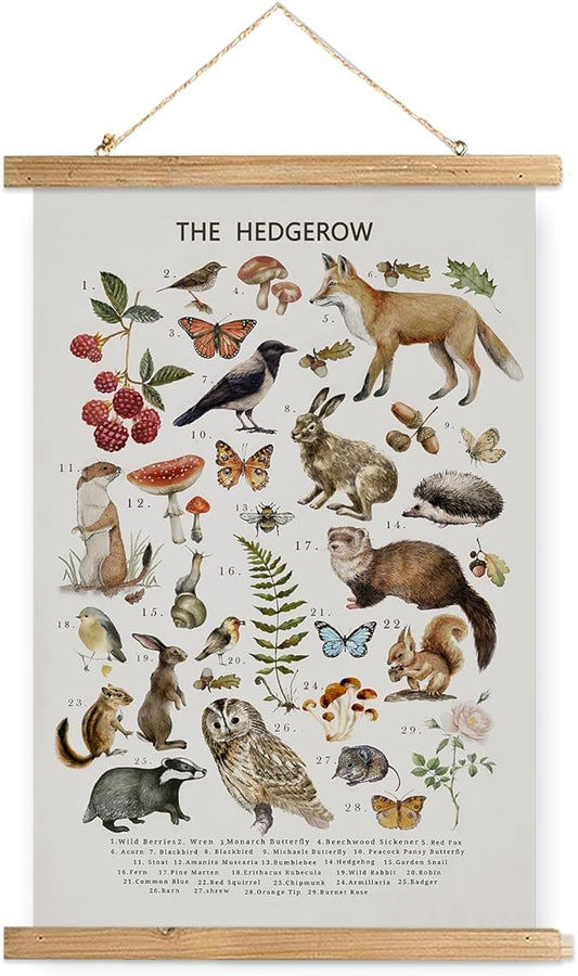XIAOAIKA British Hedgerow Wildlife Educational Poster - Illustrated Nature Chart with Wooden Frame - Countryside Animals and Plants Wall Art for Home, School, or Nature Reserve Decor 20 x 30 Inches