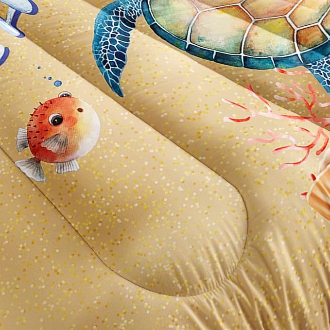 Beach Turtle Comforter Bedding Set for Kids Teens,Watercolor Ocea Starfish Coral Watercolor Beach Themed Comforter with 2 Pillowcases(Beach Turtle Queen)