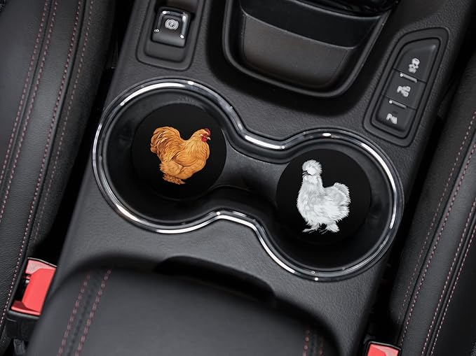 WIRESTER, Cochin Chicken (S1), Animal White Silkie Chicken Design Absorbent ROUND Fabric Felt Neoprene Car Coasters for Drinks (2.87 inches), 2pcs Set