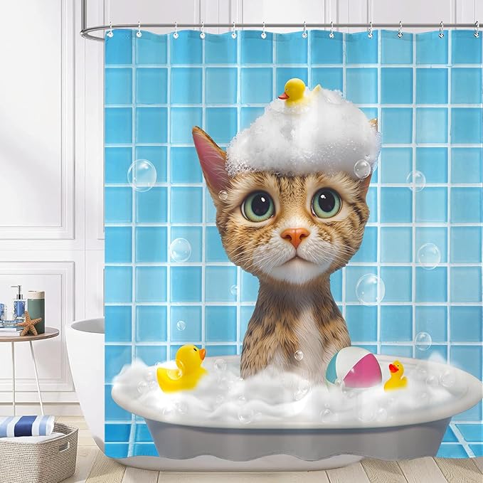 Yeoiat Cat Shower Curtain Funny Shower Curtain Bubble Cat Shower Curtains for Bathroom Cute Shower Curtain Set with 12 Hooks Cat-02 72×72 Inches