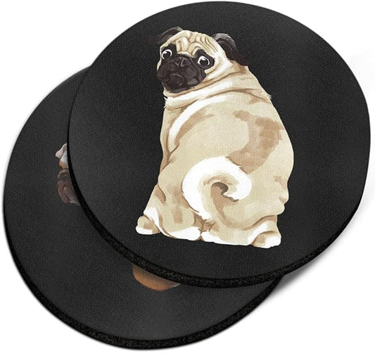 WIRESTER, Sitting Back Turn Pug Dog, English Bulldog Look Back Design Absorbent ROUND Fabric Felt Neoprene Car Coasters for Drinks (2.87 inches), 2pcs Set