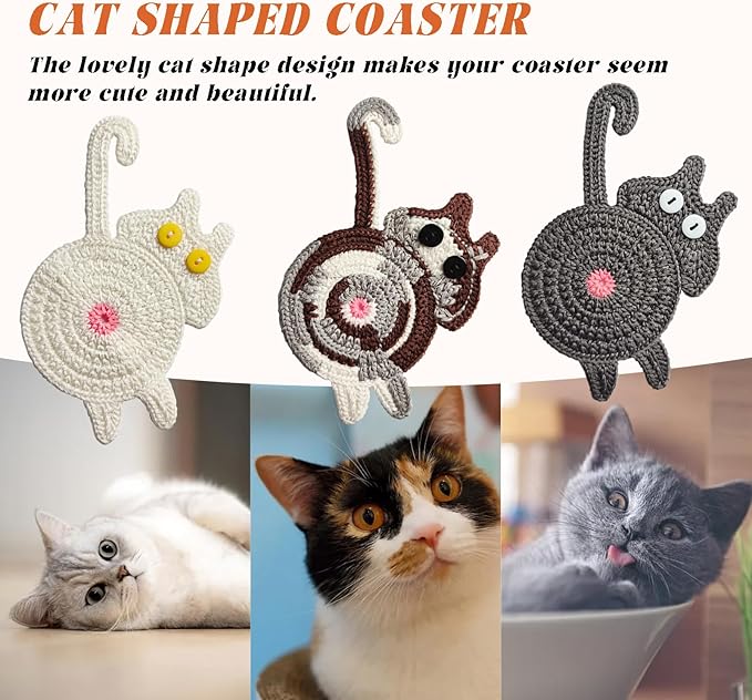 4Pcs Drink Coasters Cute Cat Design Coaster Funny Crochet Mug Coaster, Absorbent Hand Woven Drink Mat for Decoration, Lovers Gifts for Women Drink Cup Non-Slip Heat-Resistant (4Pcs)