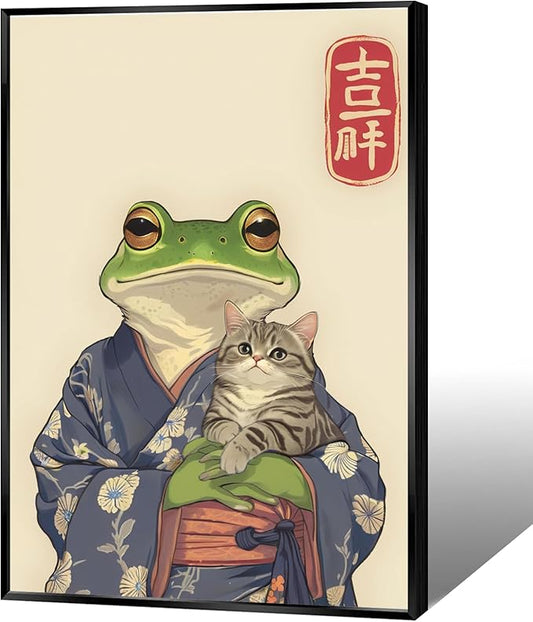 Vintage Japanese Frog & Cat Poster,Funny Anime-Inspired Kimono Frog Wall Art,Aesthetic Japanese Home Décor,Cute Print for Bedroom, Living Room Or Bathroom 16x24 in Aluminum Framed