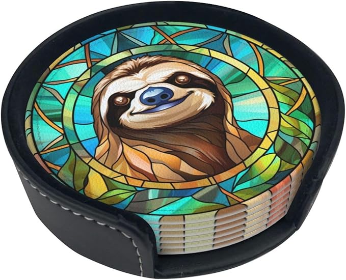 Sloth Drink Coaster Set of 6, Sloth Decor Gifts, Leather Drink Coasters with Holder, 6 Pack Cup/Bar/Drink Coasters for Table/Drinks/Coffee Protection Housewarming Gift (Sloth)