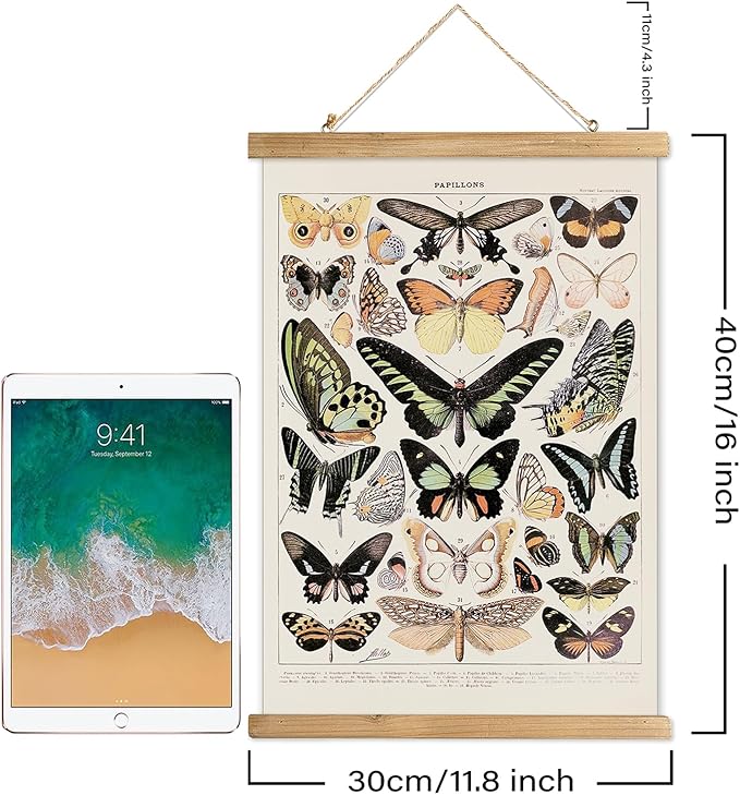 XIAOAIKA Vintage Butterfly Hanging Poster with Wooden Frame, Retro Style Wall Decor Art Painting, Patterns Printed on Linen Without Fading, Ready to Hang (12 x 16)