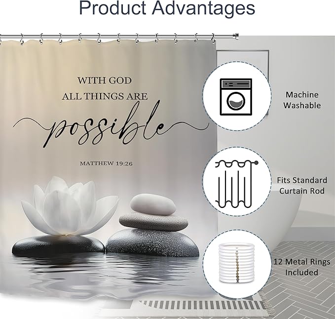 Zen Lotus Spa Shower Curtain 60Wx72L Inch Ink Quotes Meditation Inspirational Motivational Bible Bathroom Set Accessories Decor with 12 Pack Hooks