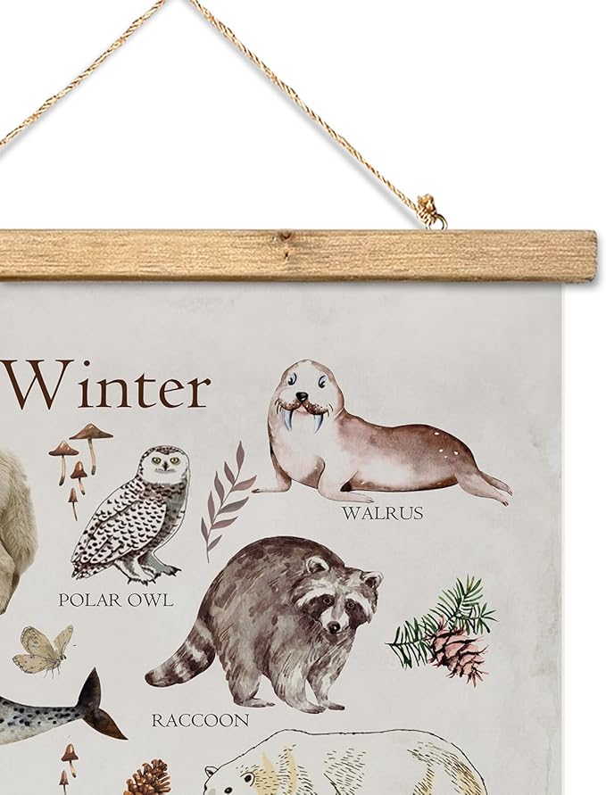 XIAOAIKA Winter Wildlife Educational Poster - Illustrated Arctic Animals Chart with Wooden Frame - Seasonal Nature Wall Art for Classroom, Home, or Nature Center 12 x 16 Inches