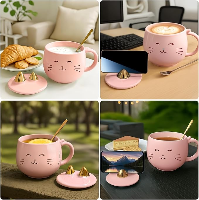 Yuwu Cat Ceramic Coffee Mug with Spoon & Lid, 13.5 oz Novelty Mug with Phone Stand Lid, Kawaii Tea Cup for Women & Cat Enthusiasts