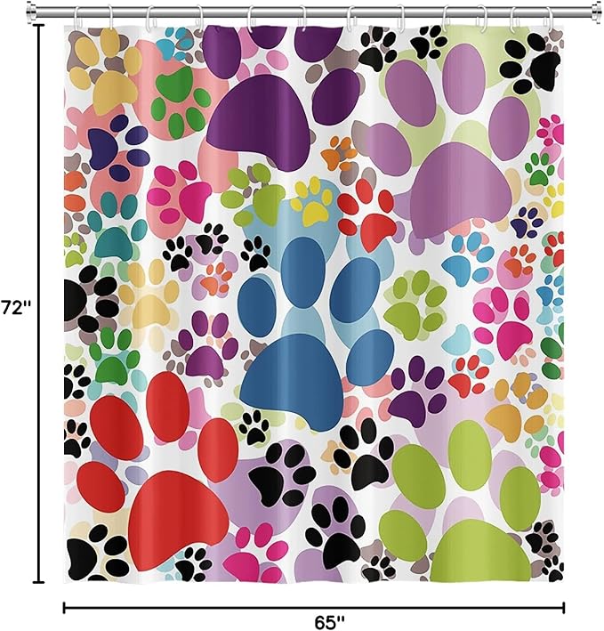 65x72inch Colorful Cartoon Dog and Cat Pawprints Kids' Shower Curtain Cute Animal Lovely Pet Puppy Cat Claw Prints Bath Curtain for Children Baby Bathroom Decor Fabric Polyester with Hooks