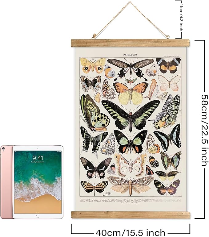 XIAOAIKA Vintage Butterfly Poster Hanger Frame, Cottagecore Room Decor Aesthetic, Retro Style Wall Decor Art Painting, Patterns are Printed on Linen Without Fading (16 x 23 inches)