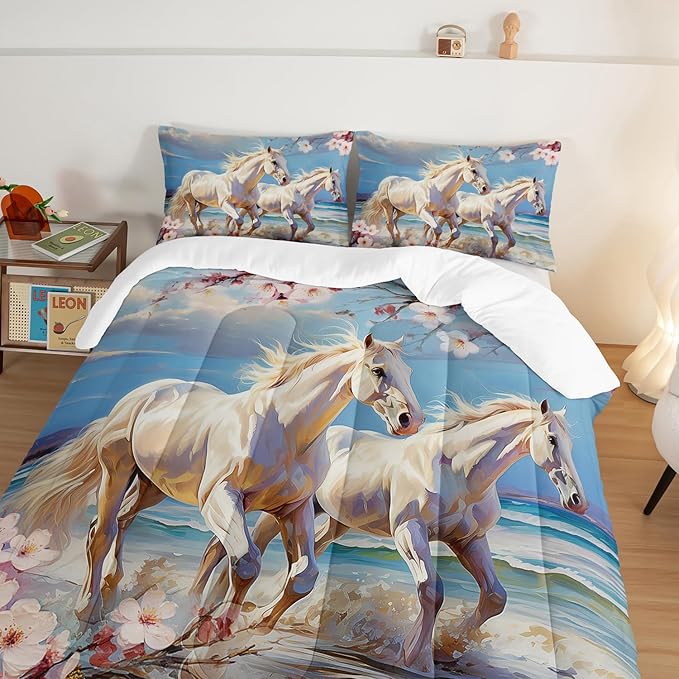 Western Farmhouse Horse Comforter Set,Pink Cherry Blossoms Bedding Sets for Kids Teens Girls Room Decoration,Coastal Beach Theme Bedding Queen Size Comforter Sets for Girls with 2 Pillowcases.