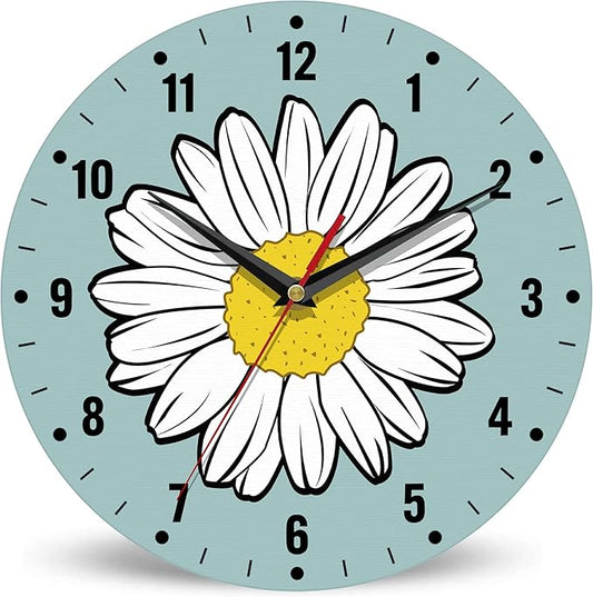 SPUNKER Clock for Bedroom,White Daisy Wall Clocks for Living Room Decor,Summer Flower Kitchen Clocks Wall Battery Operated - 10 Inch Round Bathroom Wall Clock Silent Non-Ticking