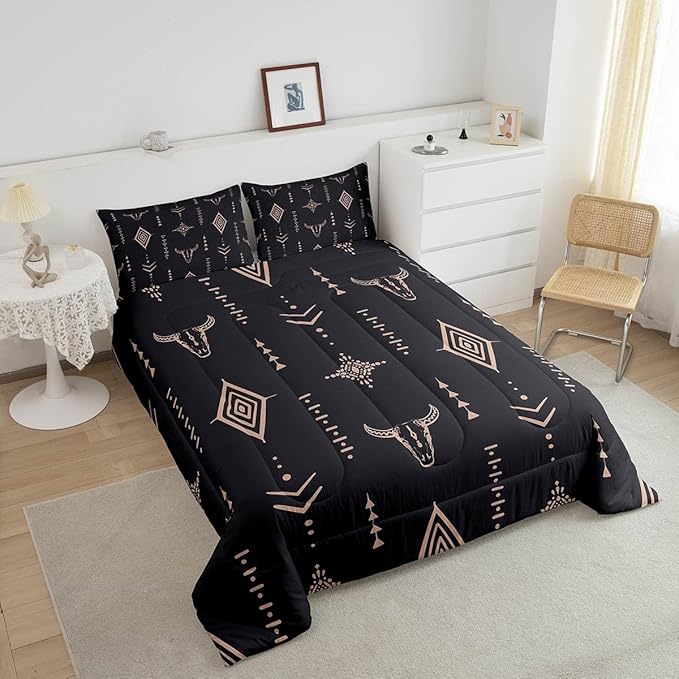 Bull Skull Comforter Set Queen Boho Bedding Ethnic Horns Bohemian Bedding Comforter Sets Black Brown Tribal Symbol Mysterious Aztec Bedroom Decor Abstract Geometric Duvet Insert for Men Boys