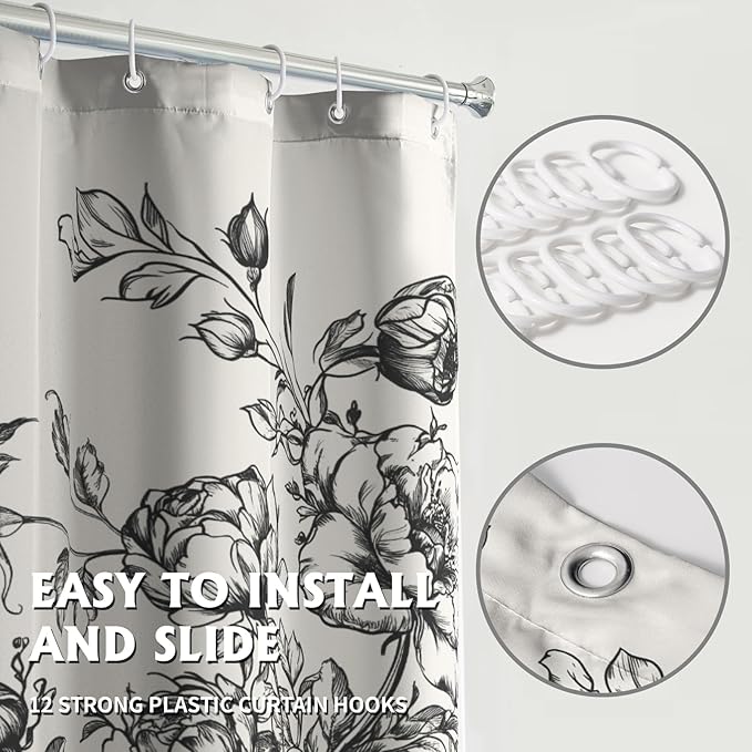 Vintage Floral Shower Curtain Chinoiserie Black White Victorian Style Floral Bathroom Curtain with Hooks Waterproof Fabric Washable Waterproof Curtain for Bathtub Decor 72x72 Inch