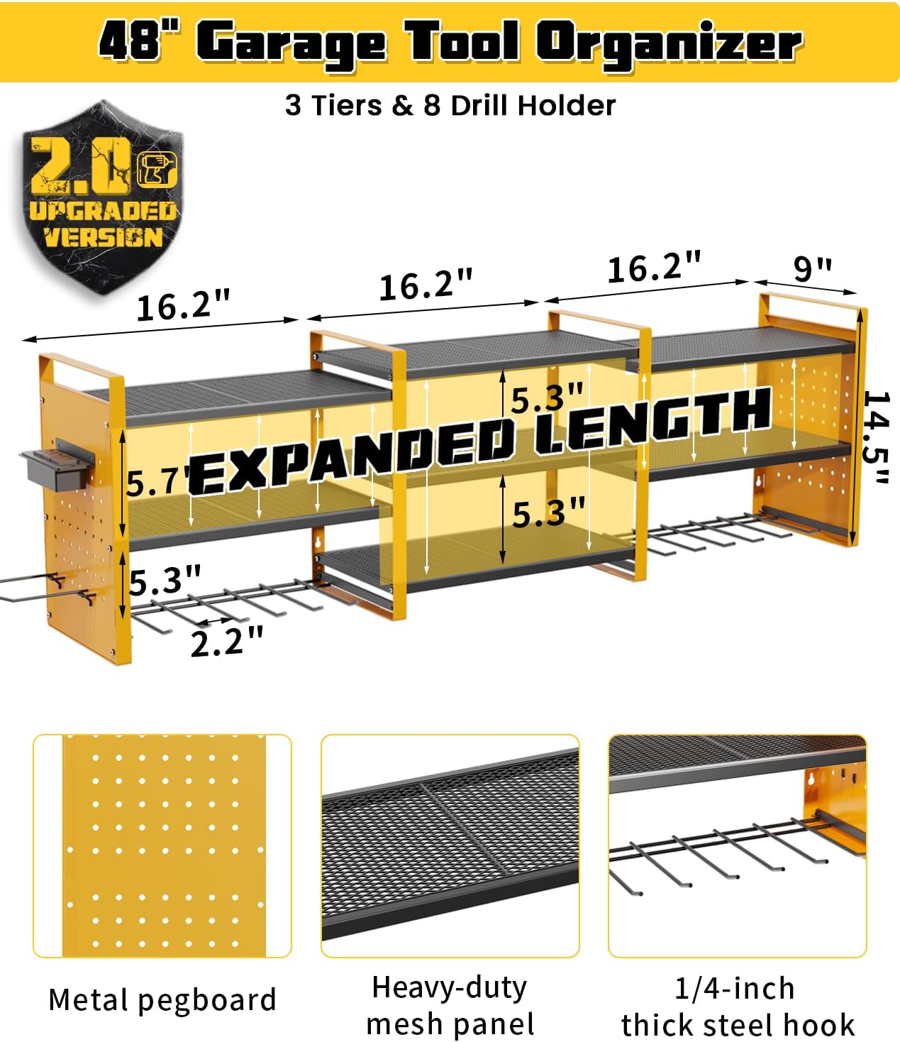 Heavy-Duty 48" Wall Mount Power Tool Organizer with Charging Station – 3-Tier Garage Organization Rack for Drills, Wrenches & Tools – Includes 16 Hooks & Pegboard Sides