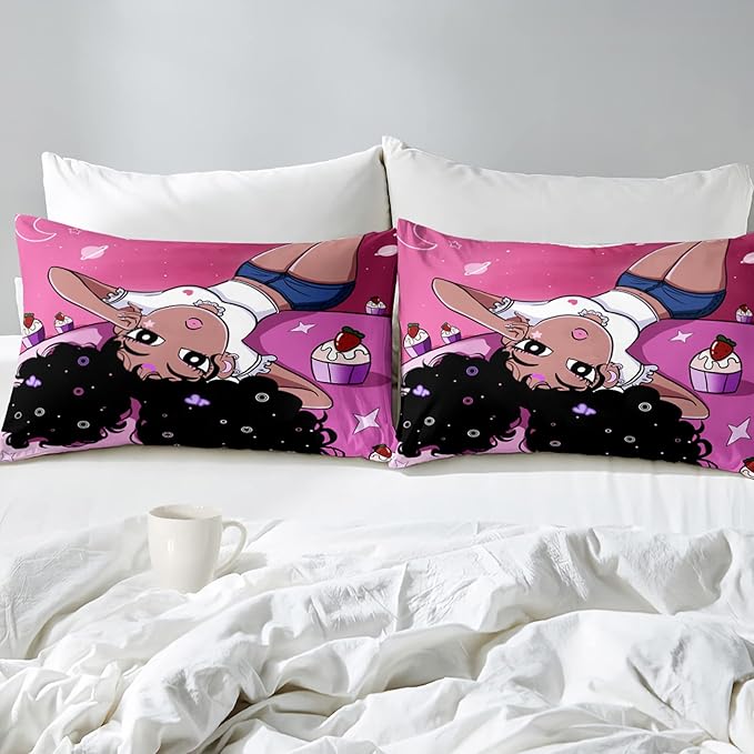 Black Girl Comforter Set Queen Bed Bedding Cute Teenage Girl Bedding Pink African American Pattern Soft Microfiber 3 Piece Quilt Set, 1 Comforter + 2 Pillowcase