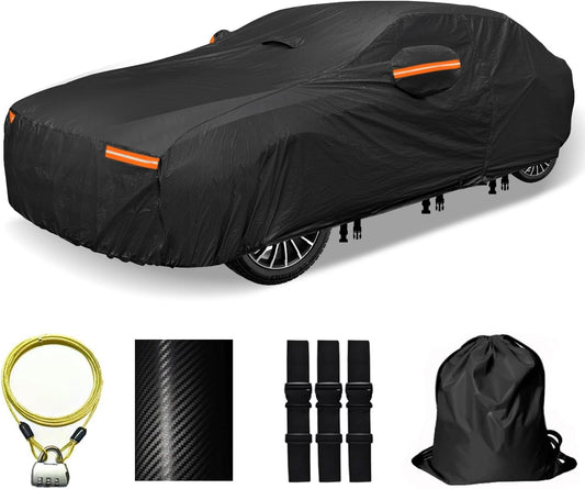 30 Layers Car Cover for Automobiles All Weather Waterproof, Outdoor Snowproof UV Protection Windproof, Door Zipper, Soft Cotton, Heavy Duty Universal Car Covers, (Black, Fit Sedans 191"-200")