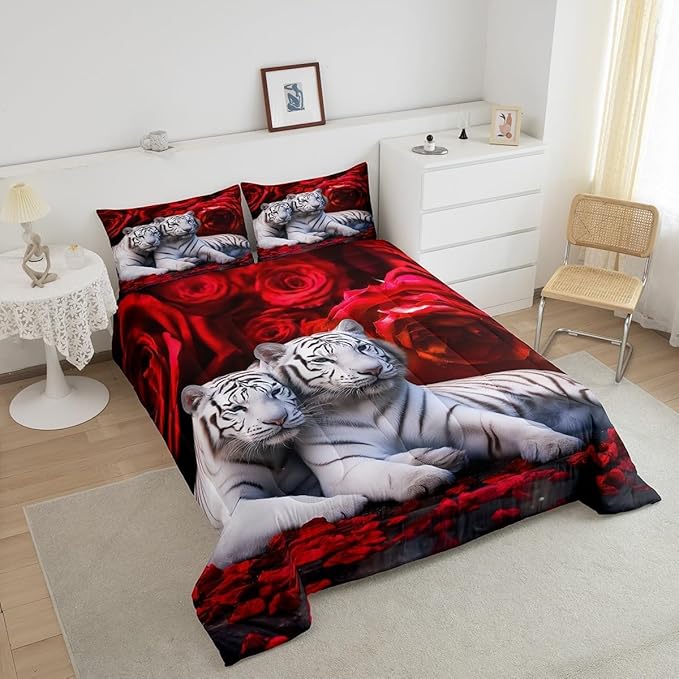 Tiger Red Rose Comforter Set, King Size, Red & Brown Floral Quilted Duvet Insert