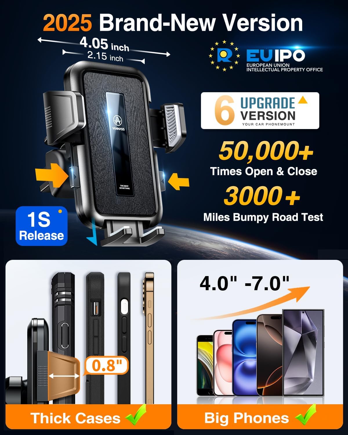 VANMASS 2025 Upgraded Car Phone Holder, [85+LBS Strongest Suction] Patent Safety Cell Phone Mount Windshield Dashboard Vent Truck Accessories Stand Cradle for iPhone 16 Pro Max 15 14 13 Android