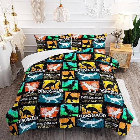 Suncloris Kids Dinosaur Comforter, Colorful Cartoon Dino Bedding Bedspread for Boys Teens, Lightweight Microfiber Geometric Plaid Jungle Animals Quilt Bedroom Decor with 2 Pillow Cases (03, Queen)