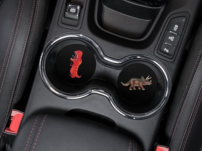 WIRESTER, Red T-Rex Dinosaur, Triceratops Dinosaur Design Absorbent ROUND Fabric Felt Neoprene Car Coasters for Drinks (2.87 inches), 2pcs Set