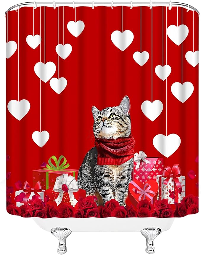 Valentine's Day Shower Curtain Cute Cat Romantic Red Heart Rose Love Couple Woman Girl Creative Bathroom Curtains Decor Fabric Set Include Hooks,(70" WX70 H)
