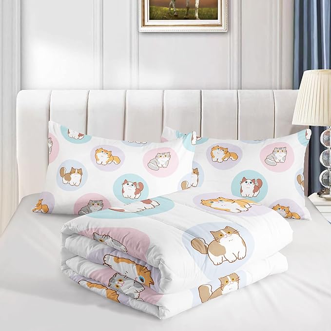 White Kawaii Cat Comforter Bedding Set for Girls Kitten White Print Cute Animal Pattern Bedding Set with 1 Comforter and 2 Pillowcases for Girls Bedroom All Season(Cat White Full)
