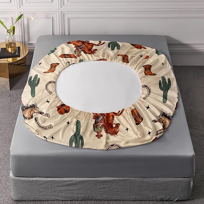 Western Cowboy Horse Sheet 4Pcs Queen Wrangler Cactus Bedding Set for Teen Girl Boy Adult Horseshoe Riding Boots Bed Decor Brown Vintage Sheet with 1 Flat Sheet and 1 Fitted Sheet+2 Pillowcases