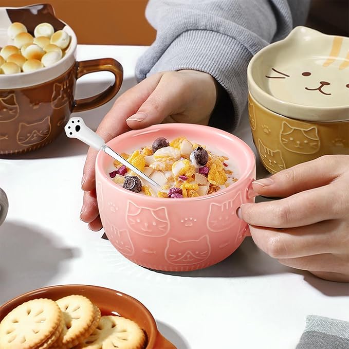 BigNoseDeer 2PCS Kawaii Cat Mug - Pink and Brown Ceramic Coffee Tea Cup with Lid, Saucer - Cool Preppy Gift for Cat Lovers, Christmas 10oz