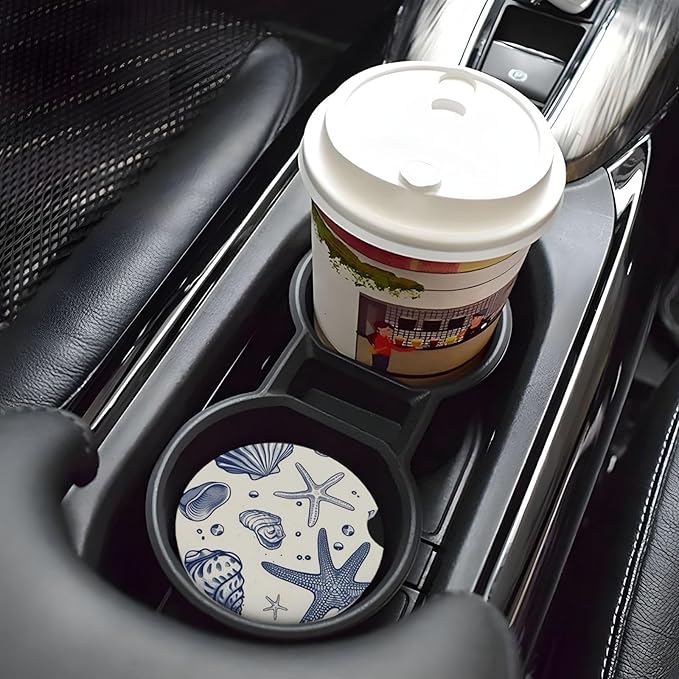 Absorbent Ceramic Car Coasters for Cup Holders, Blue Sea Starfish Shells Design 2.56" Anti Slip Universal Drink Cup Coasters for Women Men (2 Pack)