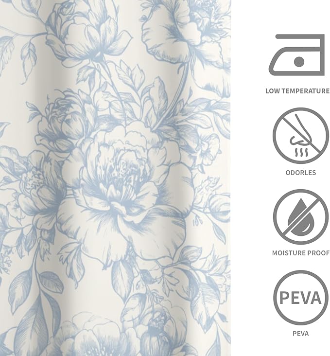 Vintage Chinoiserie Flowers Shower Curtain 72x72in Set with Hooks,Light Blue Porcelain Floral Leaves Asian Oriental Art Polyester Fabric Bathtub Bathroom Decor Bath Curtains