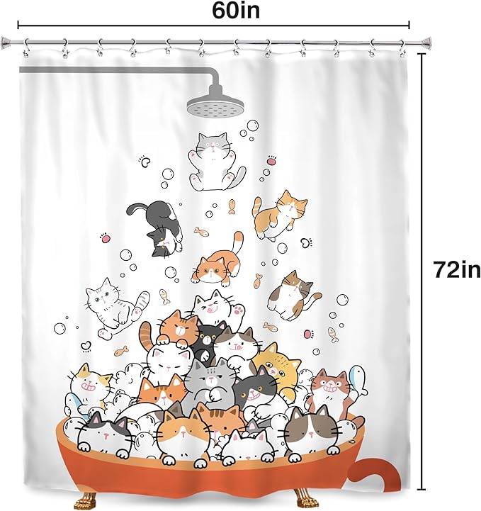 SVBright Cute Cats Shower Curtain 60Wx72L Inch Kids Cartoon Animal Funny Raining Hilarious Lovely Pets Playing Water Kawaii Girls Boys 12 Pack Hooks Polyester Waterproof Fabric Bathroom Bathtub Panels