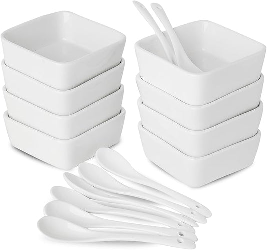 UIBFCWN 3.5 Inch Ceramic Soy Sauce Dish, Square Dipping Bowls with Serving Spoons Set, Ramekins for Sauces, Side Dishes, Appetizers (8 Bowls + 8 Spoons)
