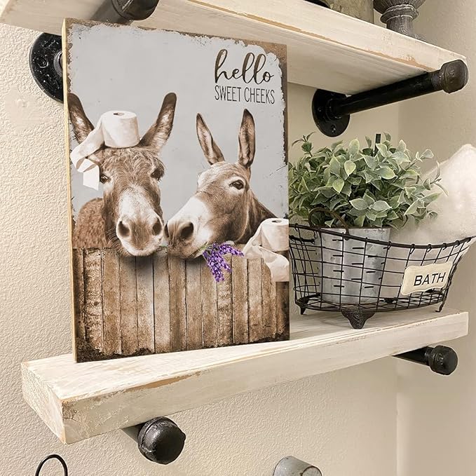 Canvas Wall Art Donkey Pictures for Bathroom Decor - Funny Farmhouse Painting Toilet Prints - Rustic Animals Artwork Framed 12"x16"