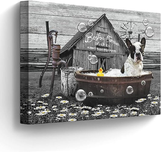 Boston Terrier in Bathtub Wall Art Funny Dog Pictures Wall Decor Farmhouse Bathroom Decor Painting for Bathroom Prints Black and White Artwork Framed 16"x24"