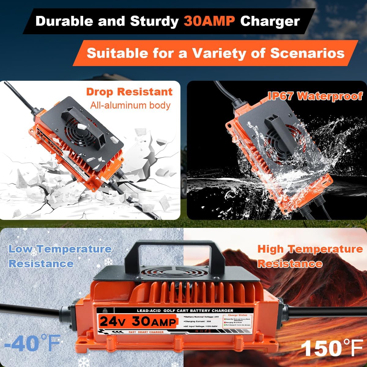 30A 24V Battery Charger 24 Volt Forklift Fast Charger with Anderson Plug Lead-Acid Battery Chargers for Sicorssors Lift, Pallet Jack, Lawn Mower, Floor Scrubberb