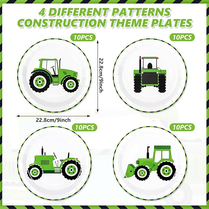 Whaline 40Pcs Tractor Party Paper Plate Green Tractor Disposable Plate 4 Designs Tableware for Birthday Construction Party Supplies Table Decor, 9 in