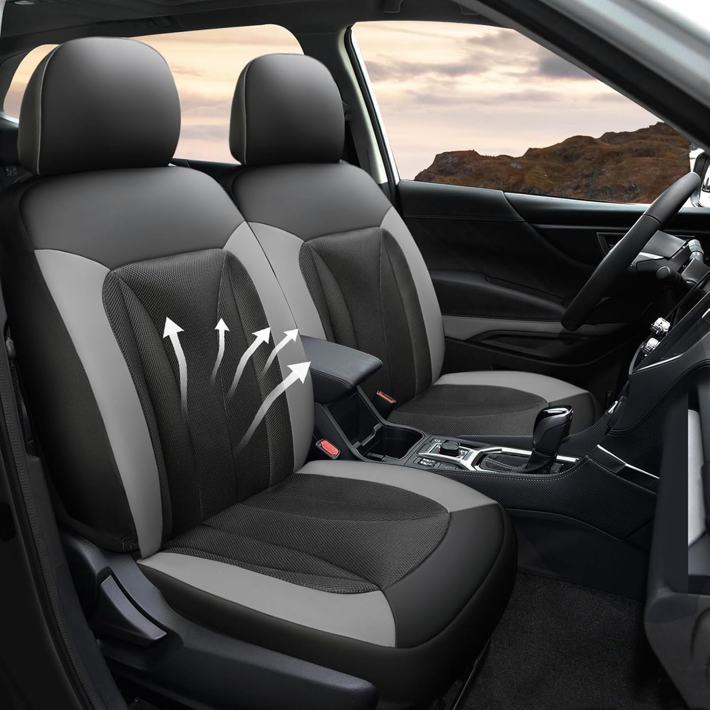GIANT PANDA Fit Subaru Outback Forester Crosstrek Legacy Impreza Front Car Seat Cover, 3D Air Mesh Breathable Seat Protector, Grey+Black（2-Pack