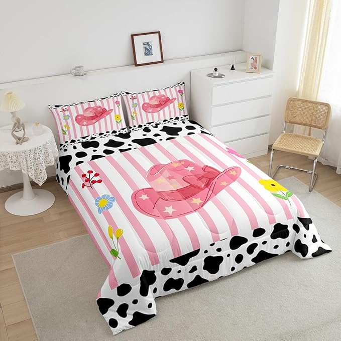 Western Cowgirl Comforter Set Full Size,Pink Cowboy Hat Bedding Sets for Kids Girls Boys Teens Room Decor,Black White Cow Fur Print Quilt Set Cartoon Sweet Striped Duvet Insert,2 Pillowcases