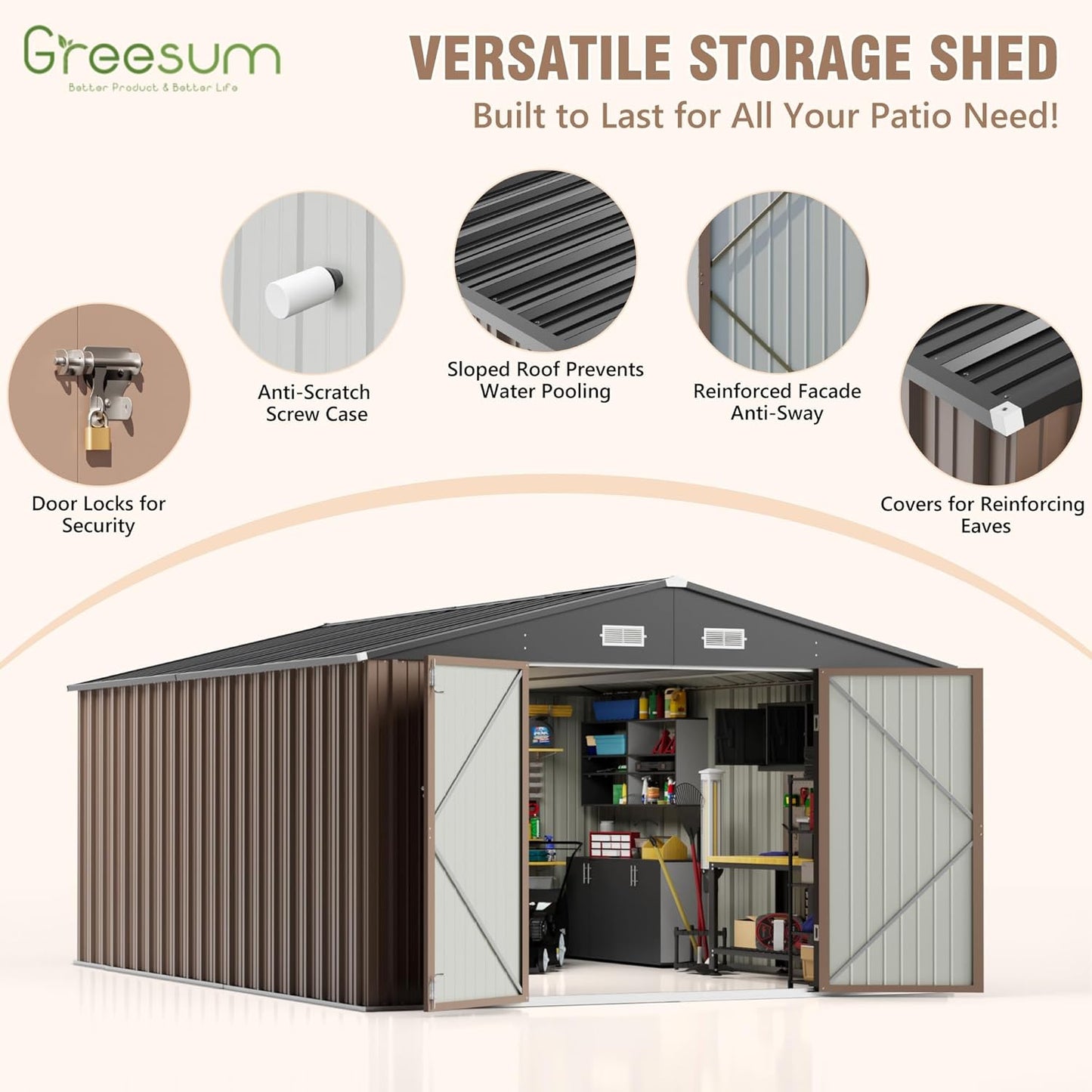 Greesum 10×14 FT Outdoor Storage Shed, Metal Storaged Sheds Without Floor, Tool Sheds with Lockable Doors and Sloping Roof for Garden, Patio, Backyard, Brown