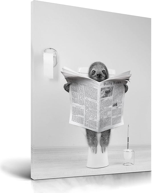 UPWOIGH Bathroom Wall Art,12x16in Black and White Sloth Wood Wall Decor,Animal Reading Newapapers Abstract prints for Bedroom Classroom 1 Pack Gift