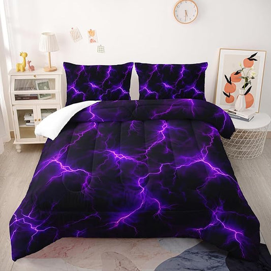 Violet Lightning Comforter Set Queen Thunder Bedding Sets 3PCS for Kids Teen Adult Violet Room Decor Ultra-Soft Lightweight Microfiber 1 Comforter with 2 Pillowcases