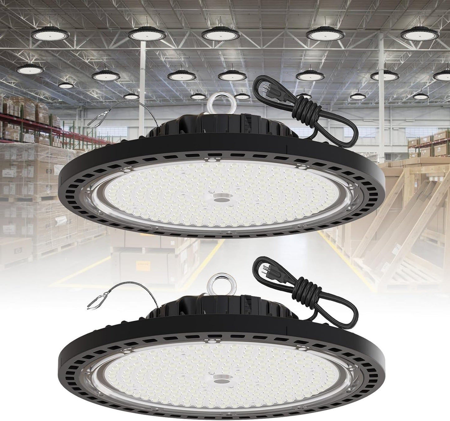 2 Pack UFO LED High Bay Light 250W, 35000 LM, 5000K with 5ft Power Cord, US Plug, Bright LED Shop Light for Basement Commercial Factory Garage Lighting, IP66 Waterproof, AC110-277V, ETL Listded