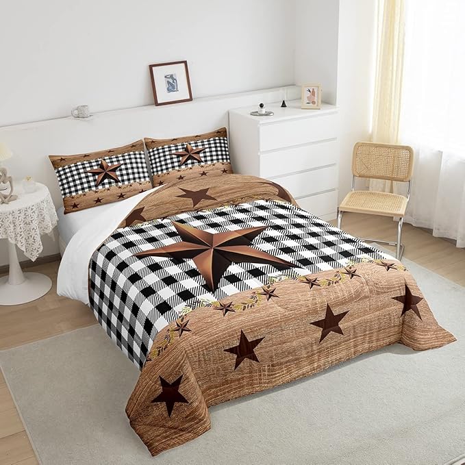 Western Texas Star Comforter Set Full, Farmhouse Black Plaid Bedding, Brown Vintage Country Star Bedding Comforter Sets, Retro Rustic Checked Grid Bedroom Decor Wooden Grain Quilt For Kids Boys Girls