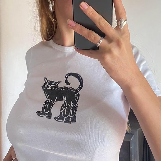 Y2k Graphic Baby Tees for Women Funny Kitten Shirt Tops Aesthetic Fairy Grunge Crop Top 90s 2000s Vintage Clothing