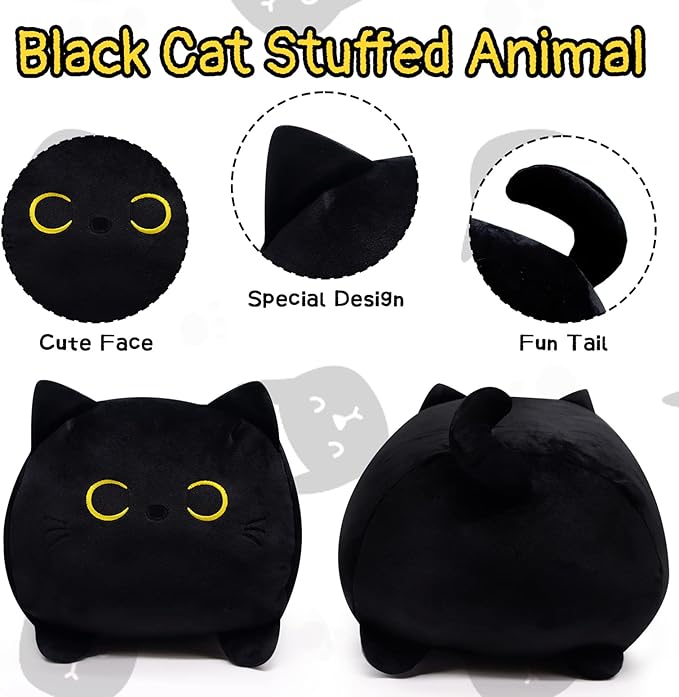 Black Cat Plush Toy Pillow, 13" Kawaii Stuffed Animal Plushie, Cute Cushion Throw Pillow for Kids Birthday Girlfriend Valentines Gift